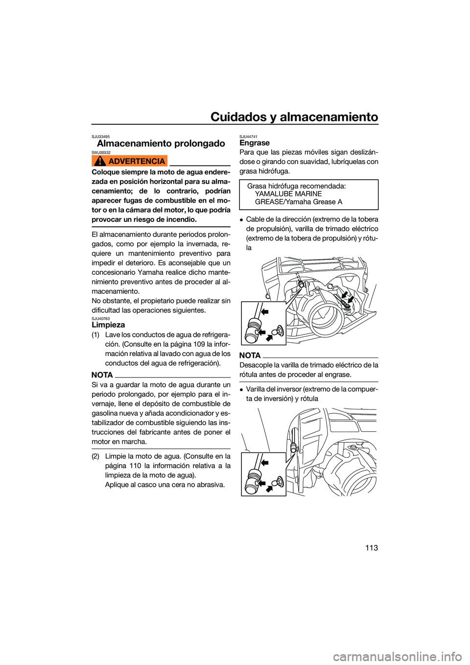 YAMAHA FX HO CRUISER 2022  Manuale de Empleo (in Spanish) Cuidados y almacenamiento
113
SJU33495
Almacenamiento prolongadoSWJ00332
Coloque siempre la moto de agua endere-
zada en posición horizontal para su alma-
cenamiento; de lo contrario, podrían
aparec