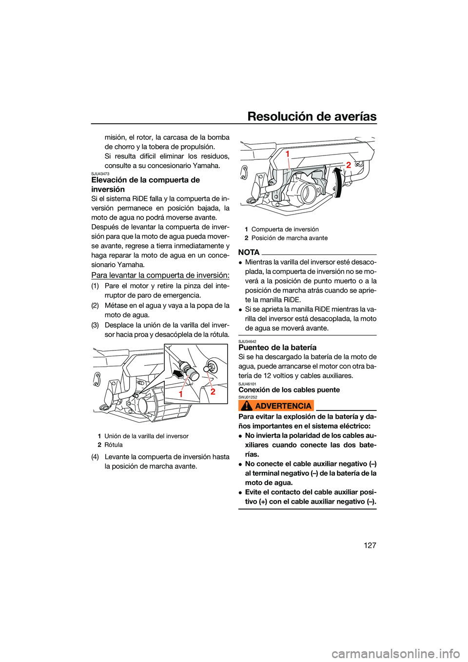 YAMAHA FX HO CRUISER 2022 Manuale de Empleo (in Spanish) Resolución de averías
127
misión, el rotor, la carcasa de la bomba
de chorro y la tobera de propulsión.
Si resulta difícil eliminar los residuos,
consulte a su concesionario Yamaha.
SJU43473Eleva YAMAHA FX HO CRUISER 2022 Manuale de Empleo (in Spanish) Resolución de averías
127
misión, el rotor, la carcasa de la bomba
de chorro y la tobera de propulsión.
Si resulta difícil eliminar los residuos,
consulte a su concesionario Yamaha.
SJU43473Eleva