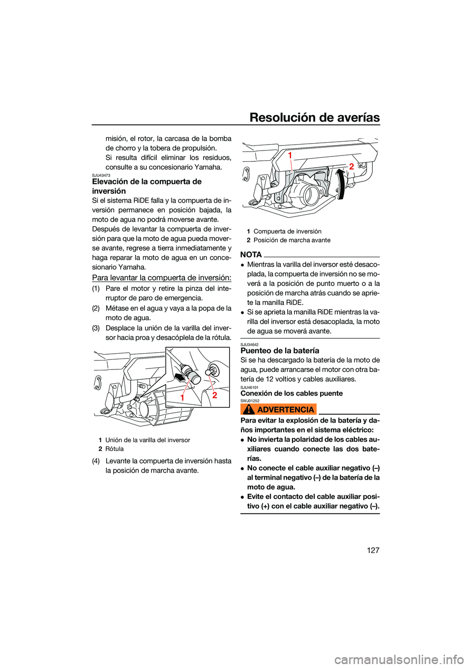 YAMAHA FX HO CRUISER 2022  Manuale de Empleo (in Spanish) Resolución de averías
127
misión, el rotor, la carcasa de la bomba
de chorro y la tobera de propulsión.
Si resulta difícil eliminar los residuos,
consulte a su concesionario Yamaha.
SJU43473Eleva