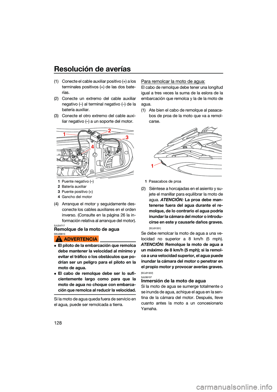 YAMAHA FX HO CRUISER 2022  Manuale de Empleo (in Spanish) Resolución de averías
128
(1) Conecte el cable auxiliar positivo (+) a losterminales positivos (+) de las dos bate-
rías.
(2) Conecte un extremo del cable auxiliar negativo (–) al terminal negati