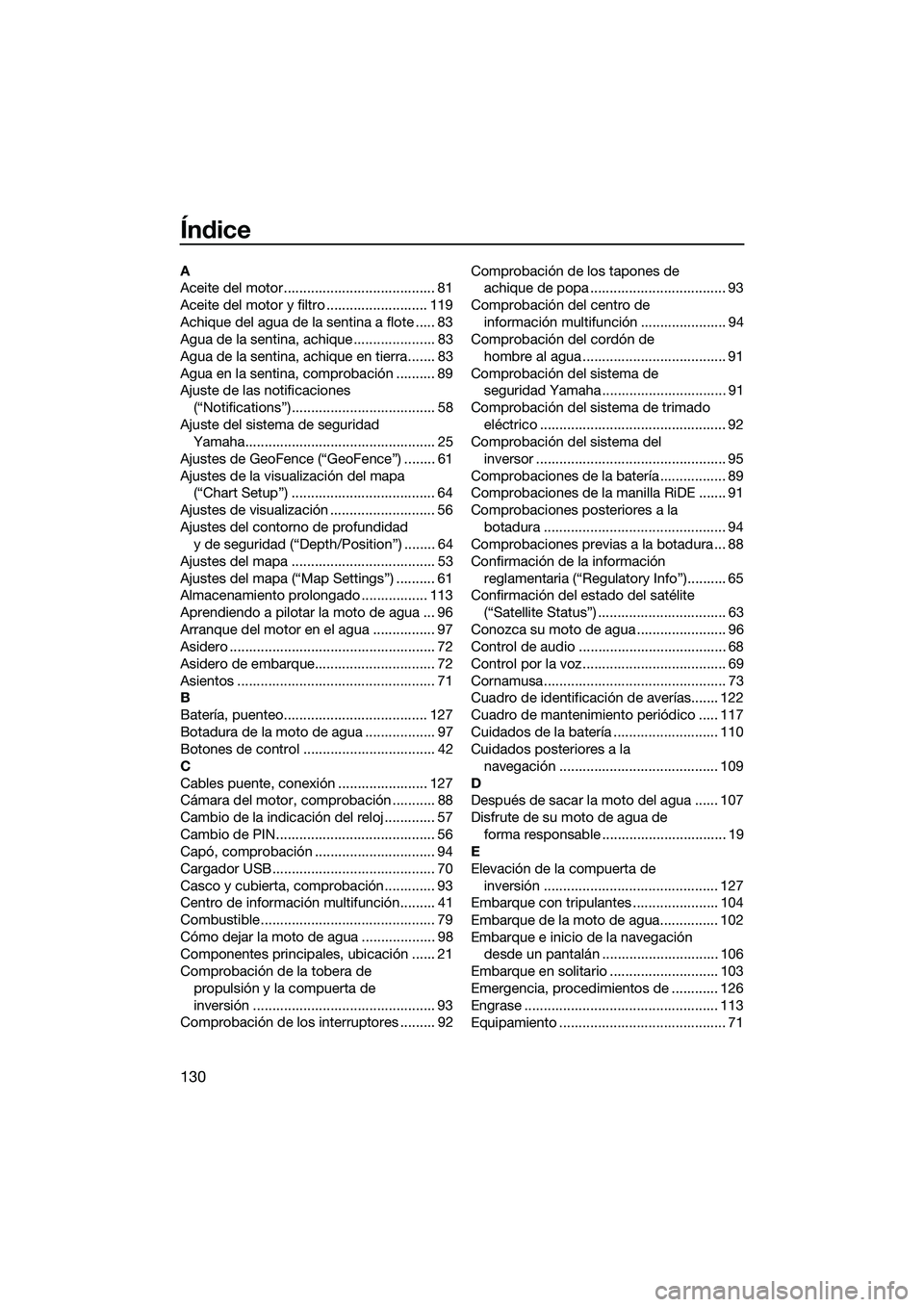 YAMAHA FX HO CRUISER 2022  Manuale de Empleo (in Spanish) 130
Índice
A
Aceite del motor ....................................... 81
Aceite del motor y filtro .......................... 119
Achique del agua de la sentina a flote ..... 83
Agua de la sentina, a