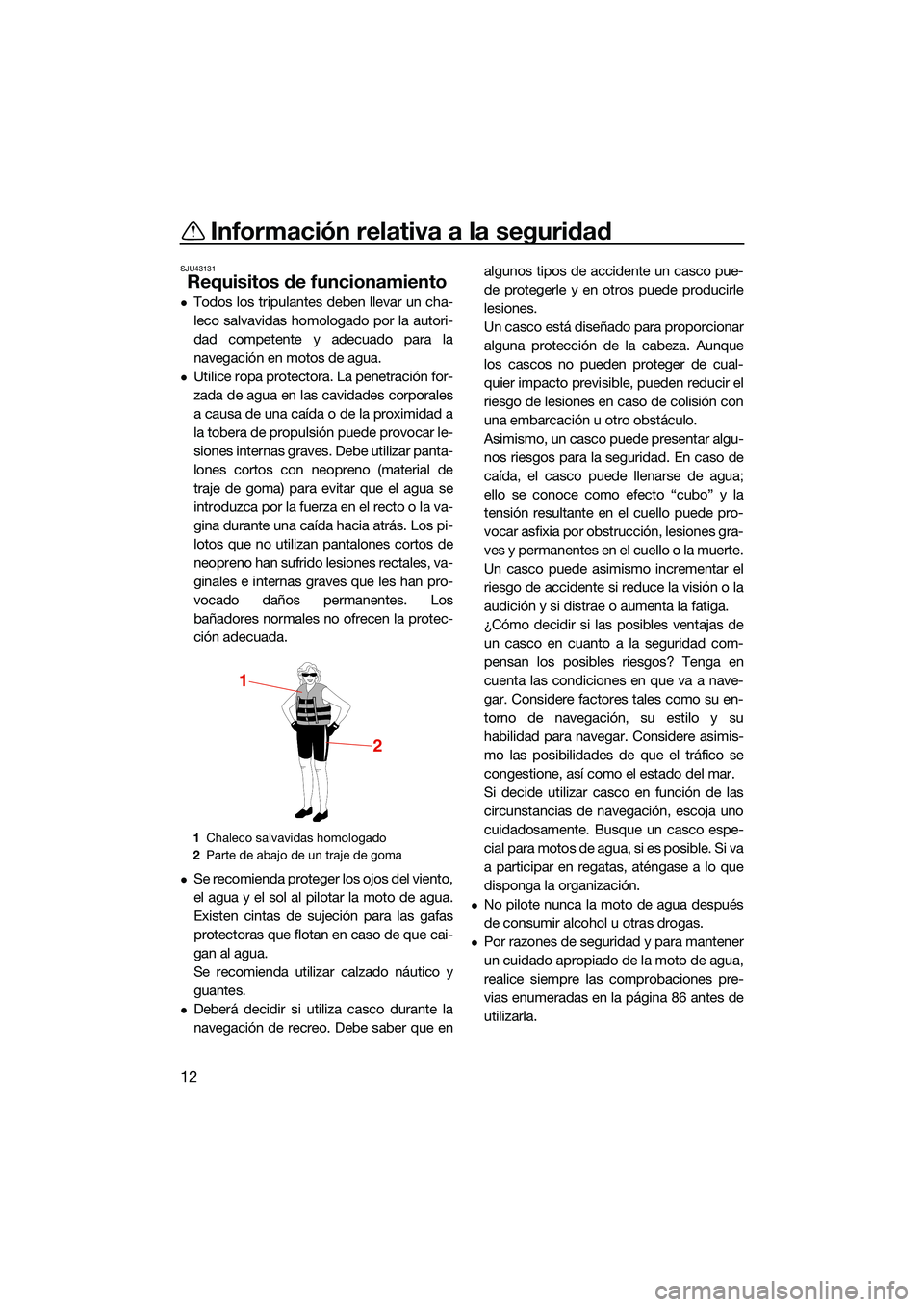 YAMAHA FX HO CRUISER 2022  Manuale de Empleo (in Spanish) Información relativa a la seguridad
12
SJU43131
Requisitos de funcionamiento
Todos los tripulantes deben llevar un cha-
leco salvavidas homologado por la autori-
dad competente y adecuado para la
