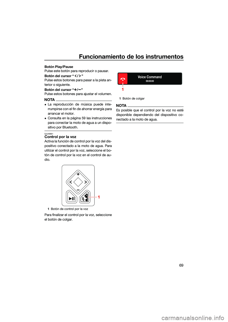 YAMAHA FX HO CRUISER 2022 Manuale de Empleo (in Spanish) Funcionamiento de los instrumentos
69
Botón Play/Pause
Pulse este botón para reproducir o pausar.
Botón del cursor “ / ”
Pulse estos botones para pasar a la pista an-
terior o siguiente.
Botón YAMAHA FX HO CRUISER 2022 Manuale de Empleo (in Spanish) Funcionamiento de los instrumentos
69
Botón Play/Pause
Pulse este botón para reproducir o pausar.
Botón del cursor “ / ”
Pulse estos botones para pasar a la pista an-
terior o siguiente.
Botón