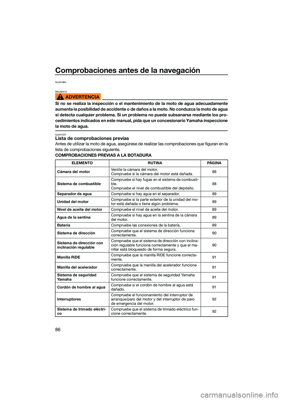 YAMAHA FX HO CRUISER 2022 Manuale de Empleo (in Spanish) Comprobaciones antes de la navegación
86
SJU31984
SWJ00413
Si no se realiza la inspección o el mantenimiento de la moto de agua adecuadamente
aumenta la posibilidad de accidente o de daños a la mot YAMAHA FX HO CRUISER 2022 Manuale de Empleo (in Spanish) Comprobaciones antes de la navegación
86
SJU31984
SWJ00413
Si no se realiza la inspección o el mantenimiento de la moto de agua adecuadamente
aumenta la posibilidad de accidente o de daños a la mot