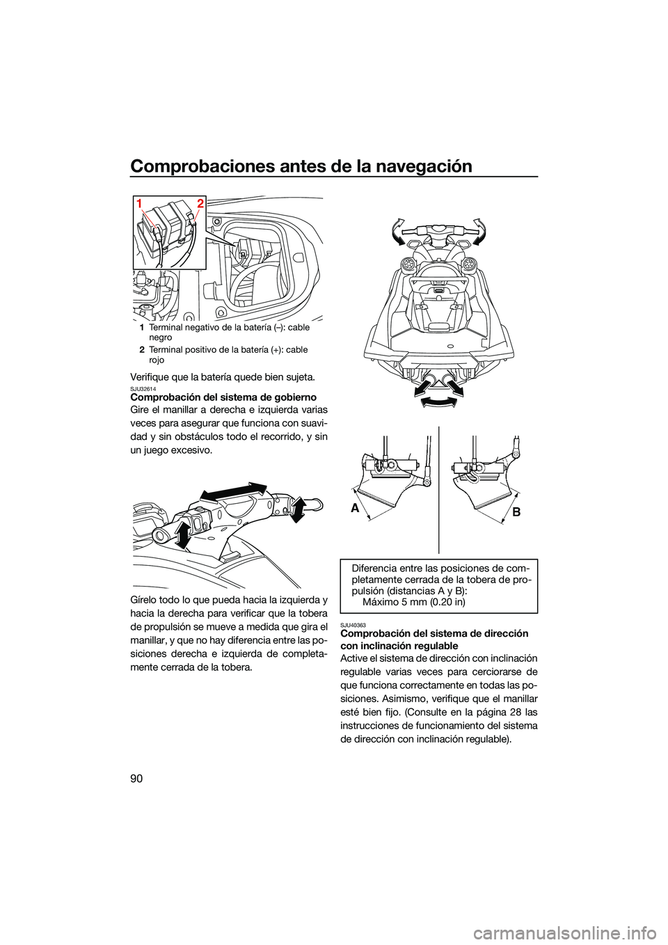 YAMAHA FX HO CRUISER 2022 Manuale de Empleo (in Spanish) Comprobaciones antes de la navegación
90
Verifique que la batería quede bien sujeta.SJU32614Comprobación del sistema de gobierno
Gire el manillar a derecha e izquierda varias
veces para asegurar qu YAMAHA FX HO CRUISER 2022 Manuale de Empleo (in Spanish) Comprobaciones antes de la navegación
90
Verifique que la batería quede bien sujeta.SJU32614Comprobación del sistema de gobierno
Gire el manillar a derecha e izquierda varias
veces para asegurar qu
