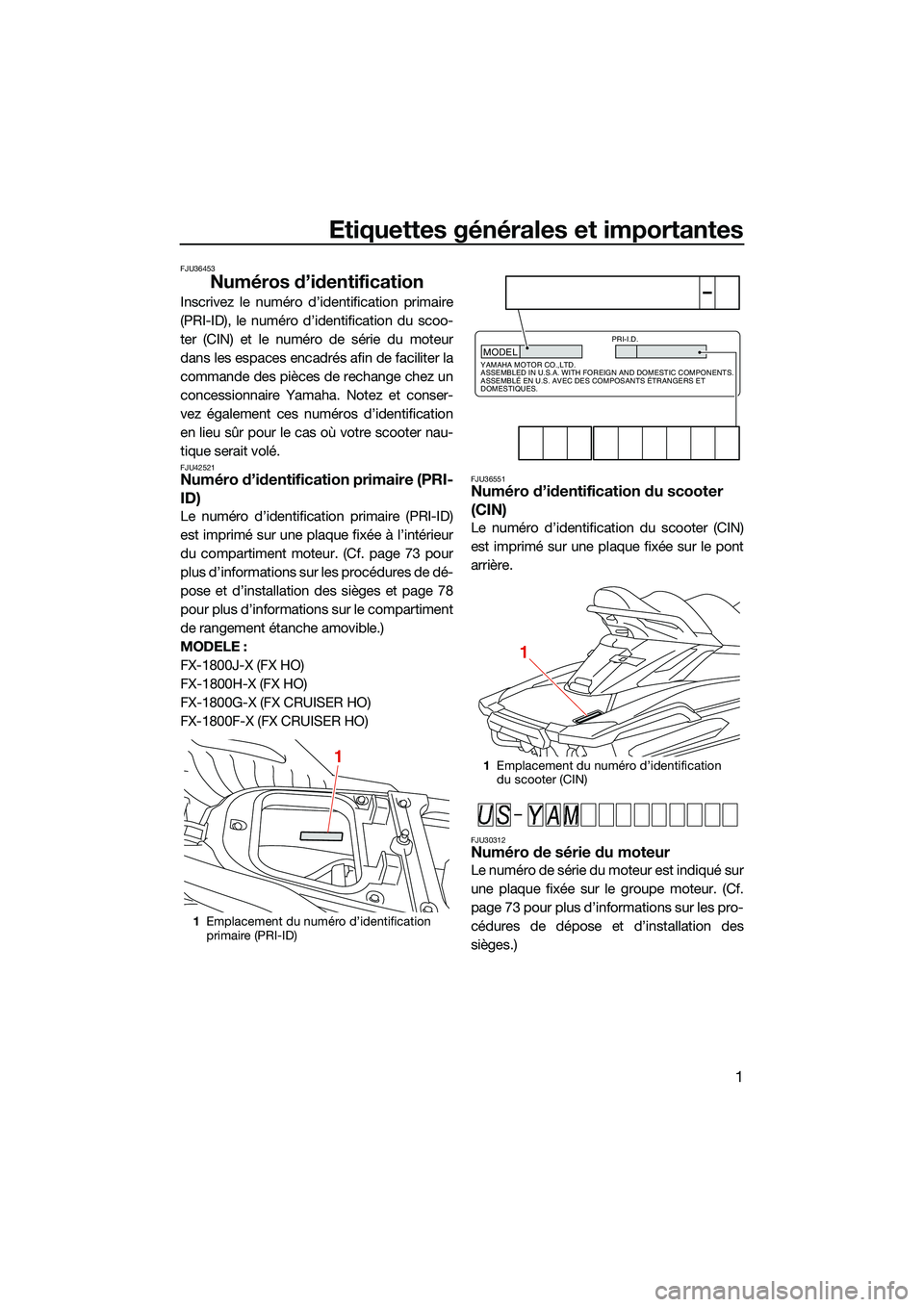 YAMAHA FX HO CRUISER 2022  Notices Demploi (in French) Etiquettes générales et importantes
1
FJU36453
Numéros d’identification
Inscrivez le numéro d’identification primaire
(PRI-ID), le numéro d’identification du scoo-
ter (CIN) et le numéro d