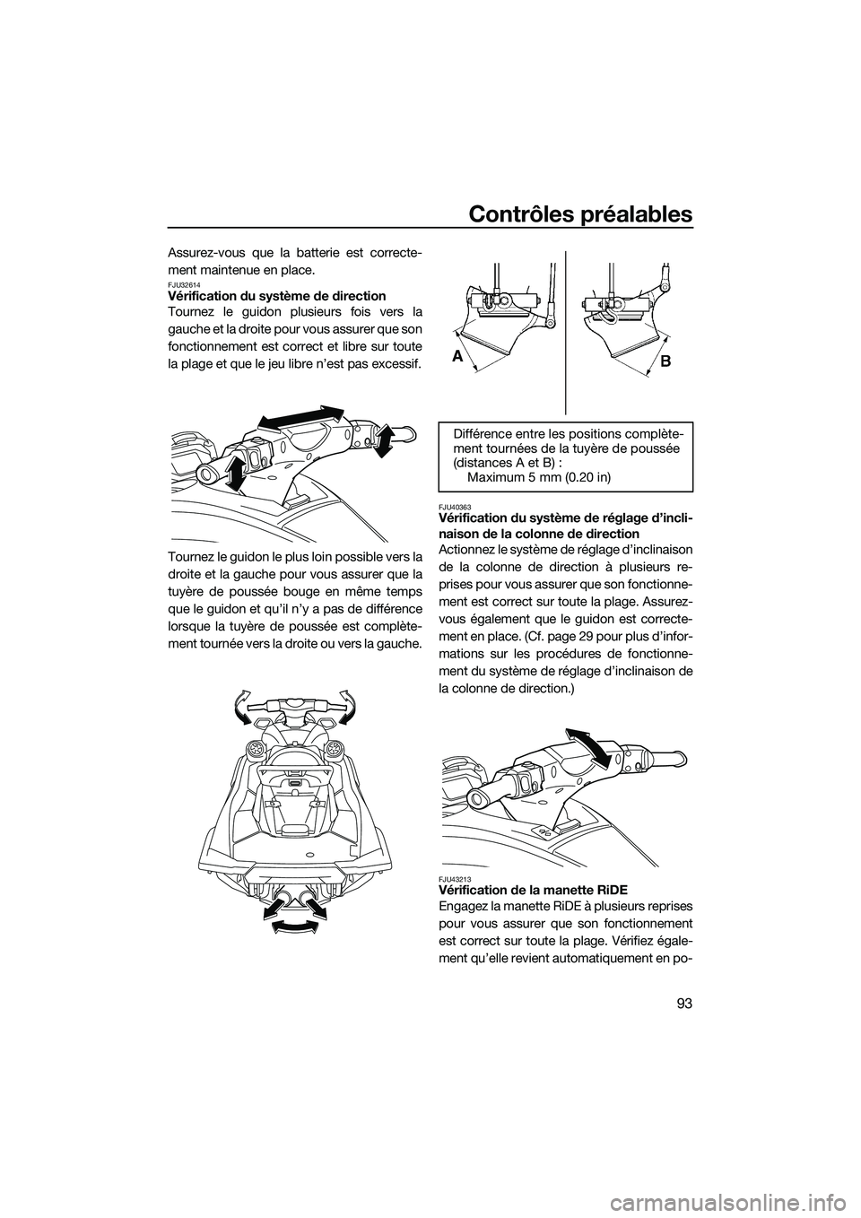 YAMAHA FX HO CRUISER 2022 Notices Demploi (in French) Contrôles préalables
93
Assurez-vous que la batterie est correcte-
ment maintenue en place.
FJU32614Vérification du système de direction
Tournez le guidon plusieurs fois vers la
gauche et la droit YAMAHA FX HO CRUISER 2022 Notices Demploi (in French) Contrôles préalables
93
Assurez-vous que la batterie est correcte-
ment maintenue en place.
FJU32614Vérification du système de direction
Tournez le guidon plusieurs fois vers la
gauche et la droit