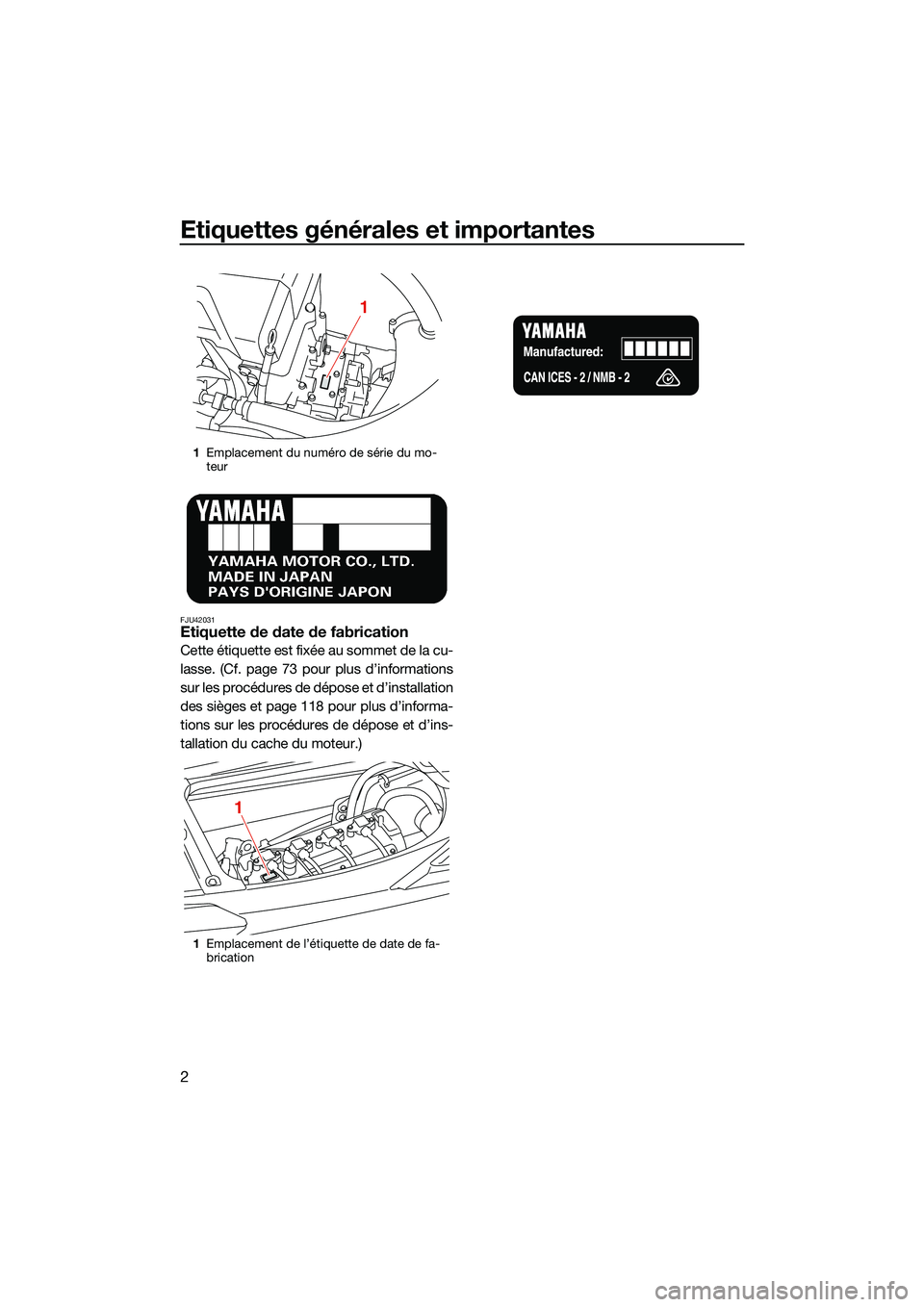 YAMAHA FX HO CRUISER 2022  Notices Demploi (in French) Etiquettes générales et importantes
2
FJU42031Etiquette de date de fabrication
Cette étiquette est fixée au sommet de la cu-
lasse. (Cf. page 73 pour plus d’informations
sur les procédures de d