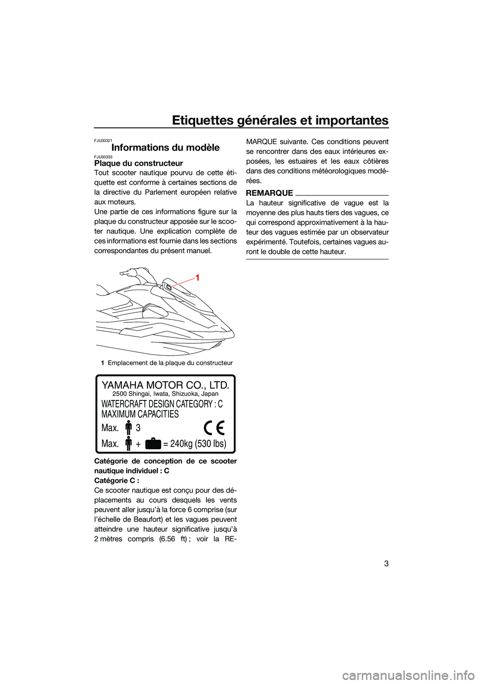 YAMAHA FX HO CRUISER 2022  Notices Demploi (in French) Etiquettes générales et importantes
3
FJU30321
Informations du modèleFJU30333Plaque du constructeur
Tout scooter nautique pourvu de cette éti-
quette est conforme à certaines sections de
la direc