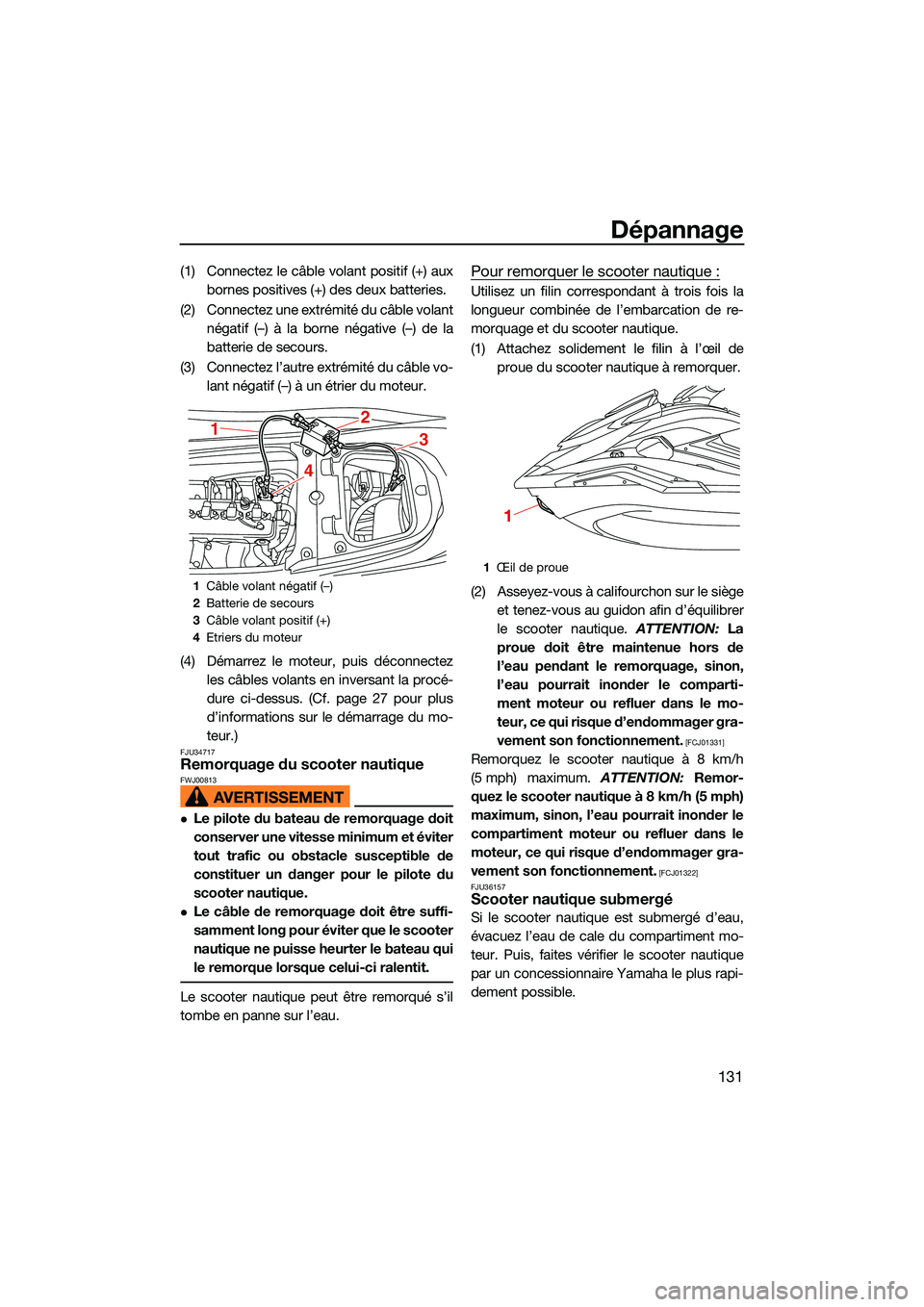 YAMAHA FX HO 2022 Notices Demploi (in French) Dépannage
131
(1) Connectez le câble volant positif (+) auxbornes positives (+) des deux batteries.
(2) Connectez une extrémité du câble volant négatif (–) à la borne négative (–) de la
ba YAMAHA FX HO 2022 Notices Demploi (in French) Dépannage
131
(1) Connectez le câble volant positif (+) auxbornes positives (+) des deux batteries.
(2) Connectez une extrémité du câble volant négatif (–) à la borne négative (–) de la
ba