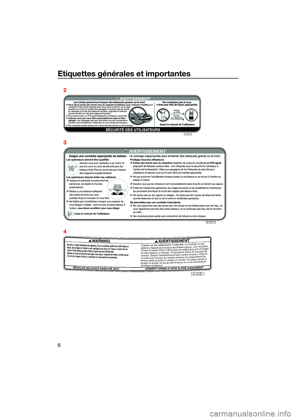 YAMAHA FX HO CRUISER 2022  Notices Demploi (in French) Etiquettes générales et importantes
6
F1S-U415B-11
F1B-U415B-11
2
3
4
F3V-U41B1-20
F3V-U41B1-30
F3V-U41B1-10
UF3V73F0.book  Page 6  Tuesday, September 28, 2021  10:53 AM 