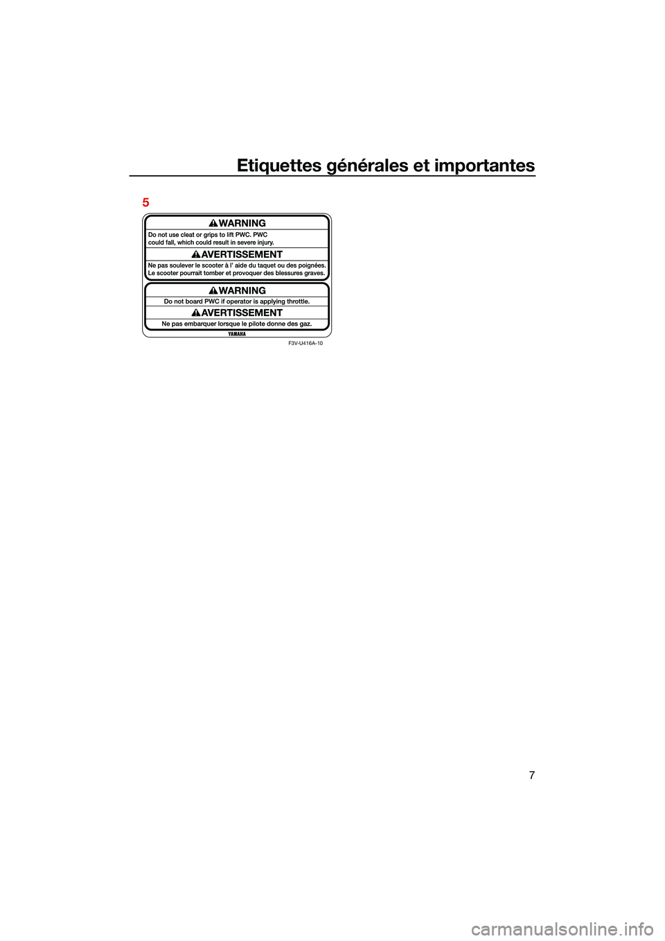 YAMAHA FX HO 2022 Notices Demploi (in French) Etiquettes générales et importantes
7
5
F3V-U416A-10
UF3V73F0.book Page 7 Tuesday, September 28, 2021 10:53 AM YAMAHA FX HO 2022 Notices Demploi (in French) Etiquettes générales et importantes
7
5
F3V-U416A-10
UF3V73F0.book Page 7 Tuesday, September 28, 2021 10:53 AM