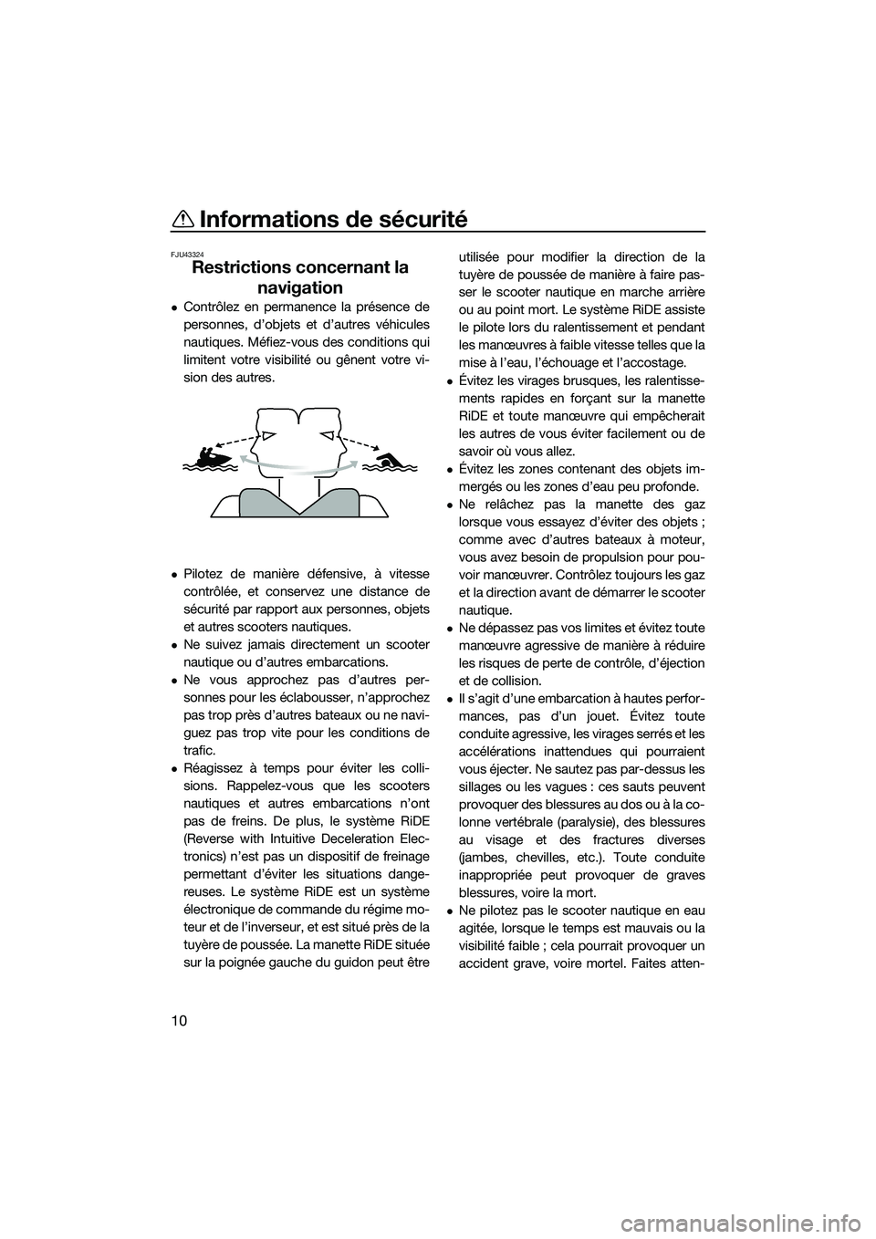 YAMAHA FX HO CRUISER 2022  Notices Demploi (in French) Informations de sécurité
10
FJU43324
Restrictions concernant la navigation
Contrôlez en permanence la présence de
personnes, d’objets et d’autres véhicules
nautiques. Méfiez-vous des cond