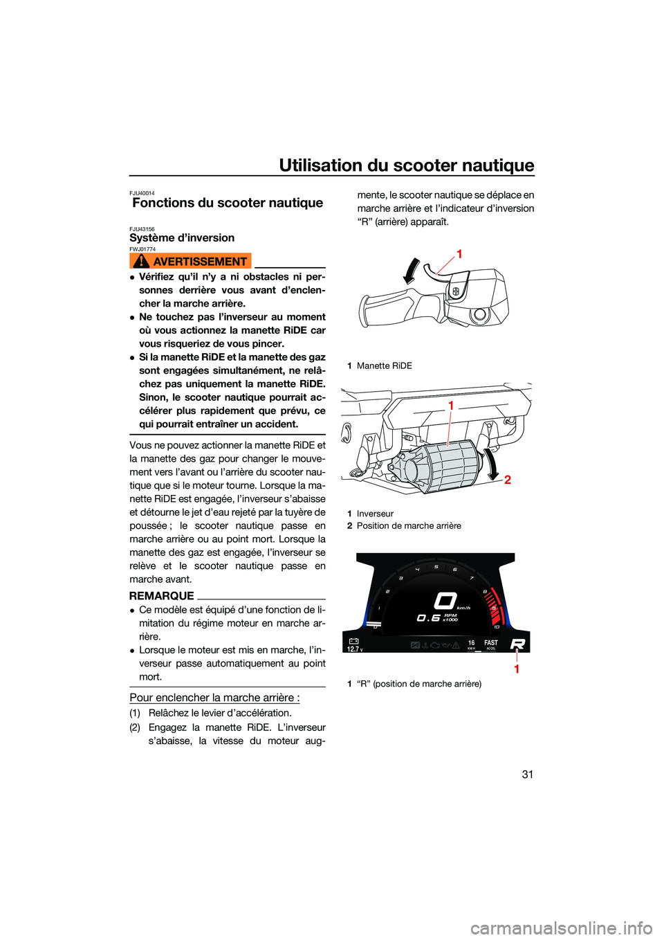 YAMAHA FX HO CRUISER 2022  Notices Demploi (in French) Utilisation du scooter nautique
31
FJU40014
Fonctions du scooter nautique
FJU43156Système d’inversion FWJ01774
Vérifiez qu’il n’y a ni obstacles ni per-
sonnes derrière vous avant d’encl