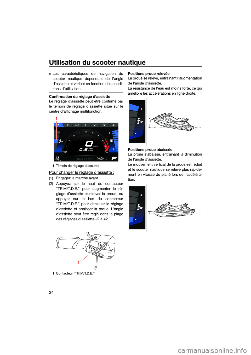YAMAHA FX HO CRUISER 2022  Notices Demploi (in French) Utilisation du scooter nautique
34
Les caractéristiques de navigation du
scooter nautique dépendent de l’angle
d’assiette et varient en fonction des condi-
tions d’utilisation.
Confirmation