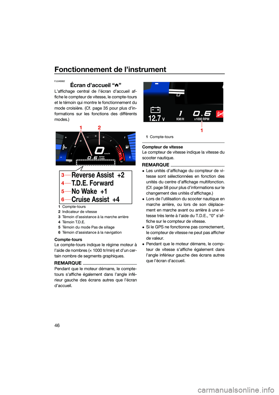 YAMAHA FX HO CRUISER 2022  Notices Demploi (in French) Fonctionnement de l’instrument
46
FJU46662
Écran d’accueil “ ”
L’affichage central de l’écran d’accueil af-
fiche le compteur de vitesse, le compte-tours
et le témoin qui montre le fo