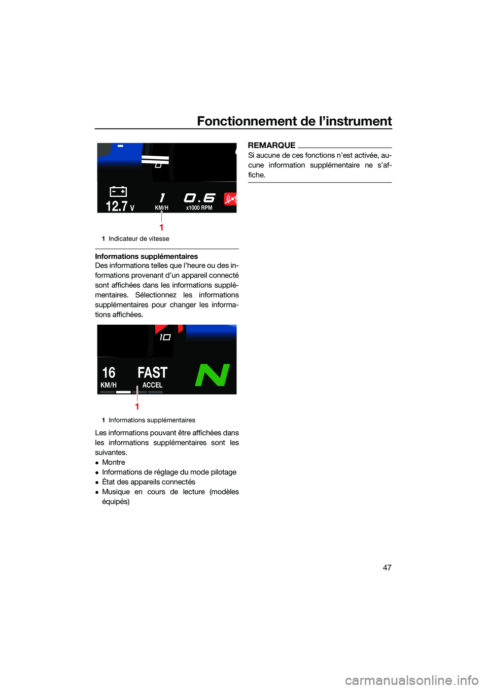 YAMAHA FX HO CRUISER 2022  Notices Demploi (in French) Fonctionnement de l’instrument
47
Informations supplémentaires
Des informations telles que l’heure ou des in-
formations provenant d’un appareil connecté
sont affichées dans les informations 