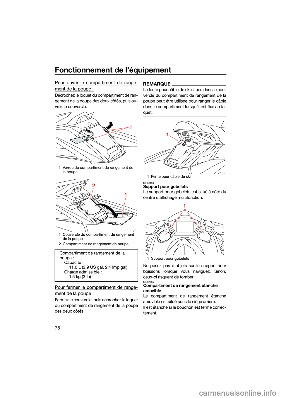 YAMAHA FX HO 2022 Notices Demploi (in French) Fonctionnement de l’équipement
78
Pour ouvrir le compartiment de range-
ment de la poupe :
Décrochez le loquet du compartiment de ran-
gement de la poupe des deux côtés, puis ou-
vrez le couverc YAMAHA FX HO 2022 Notices Demploi (in French) Fonctionnement de l’équipement
78
Pour ouvrir le compartiment de range-
ment de la poupe :
Décrochez le loquet du compartiment de ran-
gement de la poupe des deux côtés, puis ou-
vrez le couverc