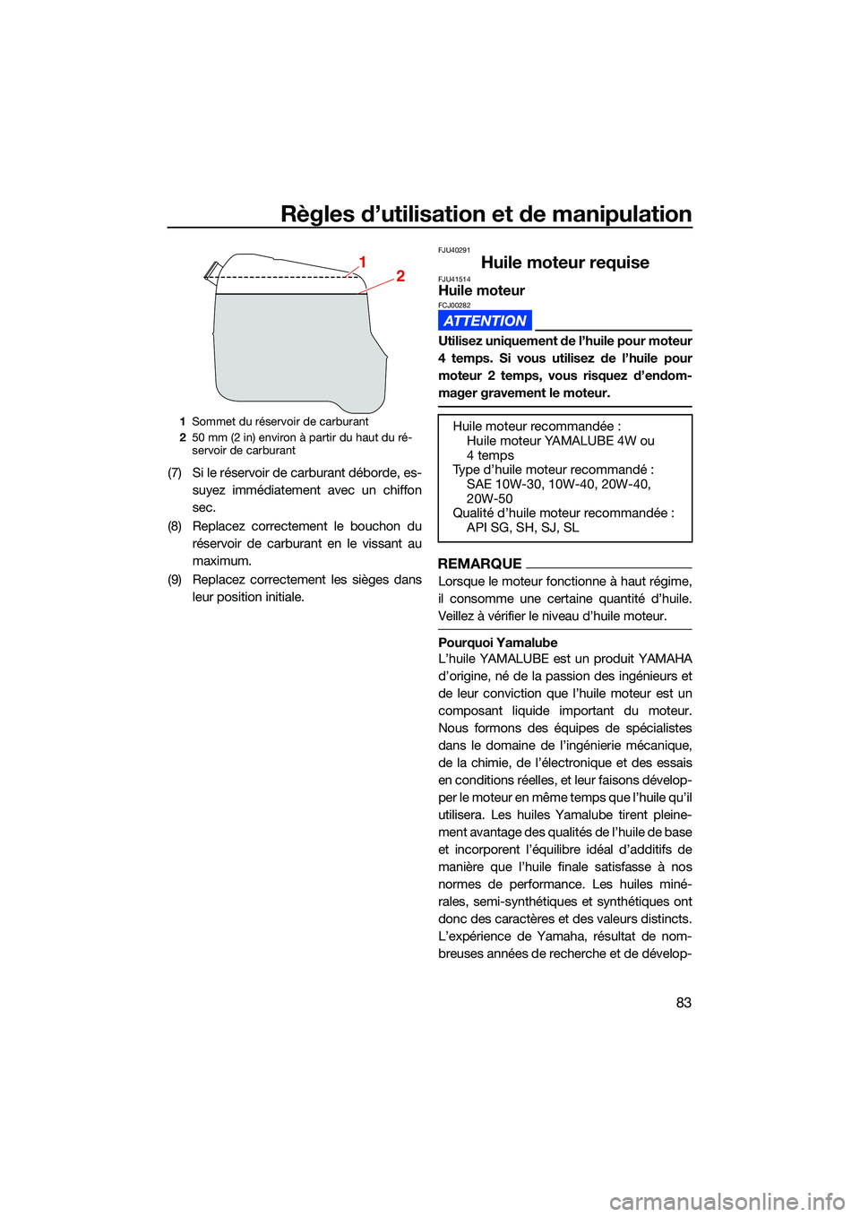YAMAHA FX HO CRUISER 2022 Notices Demploi (in French) Règles d’utilisation et de manipulation
83
(7) Si le réservoir de carburant déborde, es-suyez immédiatement avec un chiffon
sec.
(8) Replacez correctement le bouchon du réservoir de carburant e YAMAHA FX HO CRUISER 2022 Notices Demploi (in French) Règles d’utilisation et de manipulation
83
(7) Si le réservoir de carburant déborde, es-suyez immédiatement avec un chiffon
sec.
(8) Replacez correctement le bouchon du réservoir de carburant e