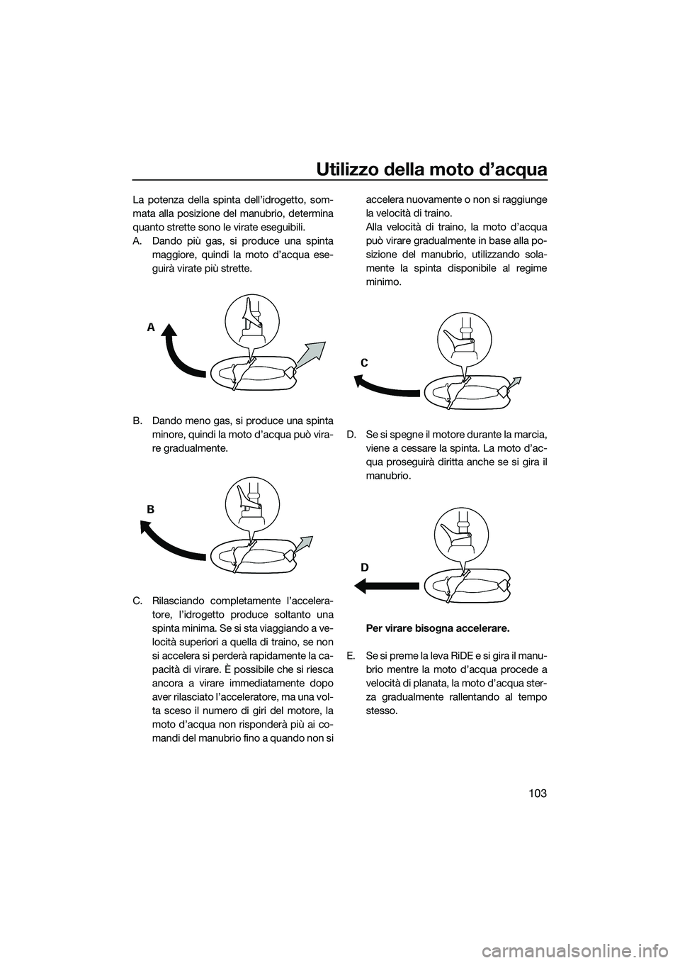 YAMAHA FX HO CRUISER 2022 Manuale duso (in Italian) Utilizzo della moto d’acqua
103
La potenza della spinta dell’idrogetto, som-
mata alla posizione del manubrio, determina
quanto strette sono le virate eseguibili.
A. Dando più gas, si produce una YAMAHA FX HO CRUISER 2022 Manuale duso (in Italian) Utilizzo della moto d’acqua
103
La potenza della spinta dell’idrogetto, som-
mata alla posizione del manubrio, determina
quanto strette sono le virate eseguibili.
A. Dando più gas, si produce una