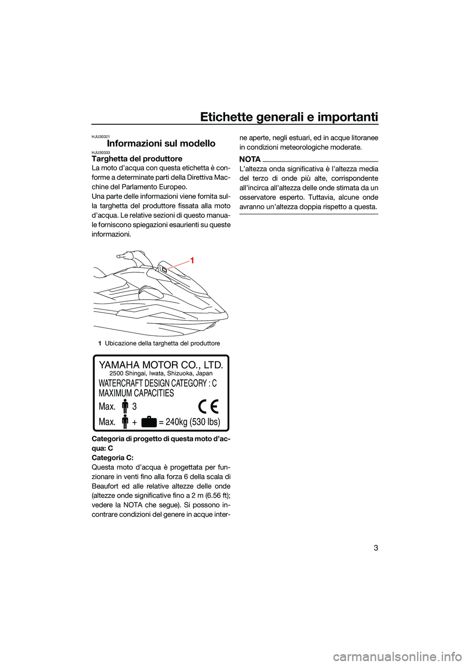 YAMAHA FX HO CRUISER 2022  Manuale duso (in Italian) Etichette generali e importanti
3
HJU30321
Informazioni sul modelloHJU30333Targhetta del produttore
La moto d’acqua con questa etichetta è con-
forme a determinate parti della Direttiva Mac-
chine 