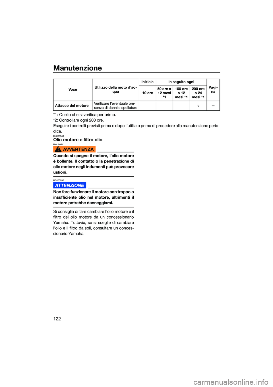YAMAHA FX HO CRUISER 2022 Manuale duso (in Italian) Manutenzione
122
*1: Quello che si verifica per primo.
*2: Controllare ogni 200 ore.
Eseguire i controlli previsti prima e dopo l’utilizzo prima di procedere alla manutenzione perio-
dica.
HJU36943O YAMAHA FX HO CRUISER 2022 Manuale duso (in Italian) Manutenzione
122
*1: Quello che si verifica per primo.
*2: Controllare ogni 200 ore.
Eseguire i controlli previsti prima e dopo l’utilizzo prima di procedere alla manutenzione perio-
dica.
HJU36943O