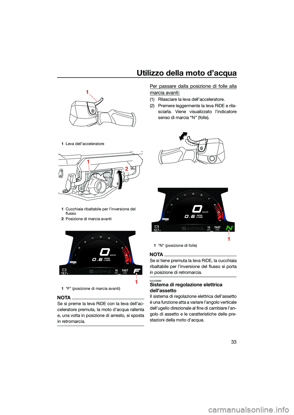 YAMAHA FX HO CRUISER 2022  Manuale duso (in Italian) Utilizzo della moto d’acqua
33
NOTA
Se si preme la leva RiDE con la leva dell’ac-
celeratore premuta, la moto d’acqua rallenta
e, una volta in posizione di arresto, si sposta
in retromarcia.
Per