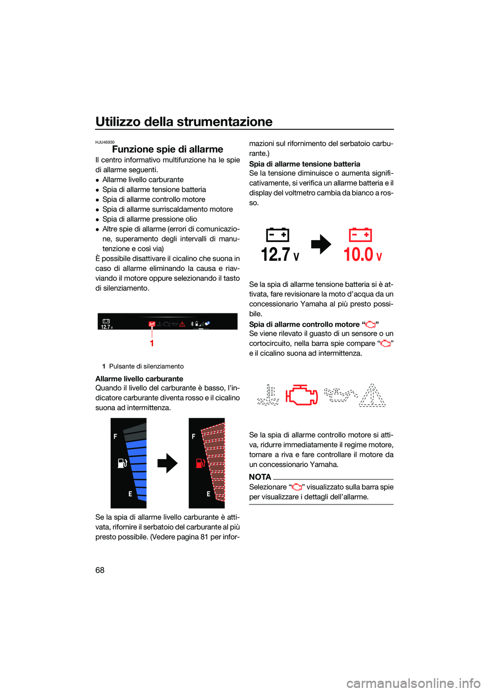 YAMAHA FX HO CRUISER 2022 Manuale duso (in Italian) Utilizzo della strumentazione
68
HJU46930
Funzione spie di allarme
Il centro informativo multifunzione ha le spie
di allarme seguenti.
Allarme livello carburante
Spia di allarme tensione batteri YAMAHA FX HO CRUISER 2022 Manuale duso (in Italian) Utilizzo della strumentazione
68
HJU46930
Funzione spie di allarme
Il centro informativo multifunzione ha le spie
di allarme seguenti.
Allarme livello carburante
Spia di allarme tensione batteri
