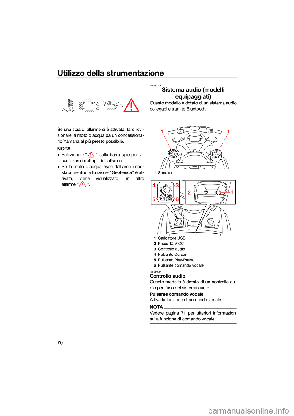 YAMAHA FX HO CRUISER 2022 Manuale duso (in Italian) Utilizzo della strumentazione
70
Se una spia di allarme si è attivata, fare revi-
sionare la moto d’acqua da un concessiona-
rio Yamaha al più presto possibile.
NOTA
Selezionare “ ” sulla b YAMAHA FX HO CRUISER 2022 Manuale duso (in Italian) Utilizzo della strumentazione
70
Se una spia di allarme si è attivata, fare revi-
sionare la moto d’acqua da un concessiona-
rio Yamaha al più presto possibile.
NOTA
Selezionare “ ” sulla b