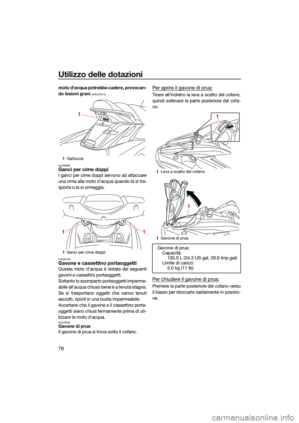 YAMAHA FX HO CRUISER 2022  Manuale duso (in Italian) Utilizzo delle dotazioni
76
moto d’acqua potrebbe cadere, provocan-
do lesioni gravi.
 [HWJ01511]
HJU46960
Ganci per cime doppi
I ganci per cime doppi servono ad attaccare
una cima alla moto d’acq