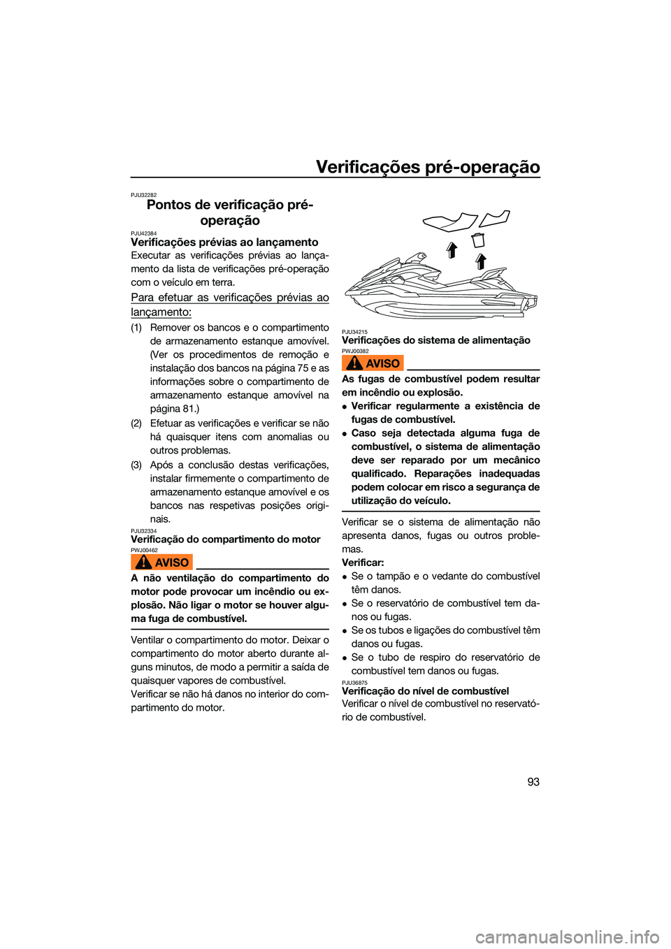 YAMAHA FX HO 2022  Manual de utilização (in Portuguese) Verificações pré-operação
93
PJU32282
Pontos de verificação pré-operação
PJU42384Verificações prévias ao lançamento
Executar as verificações prévias ao lança-
mento da lista de verif