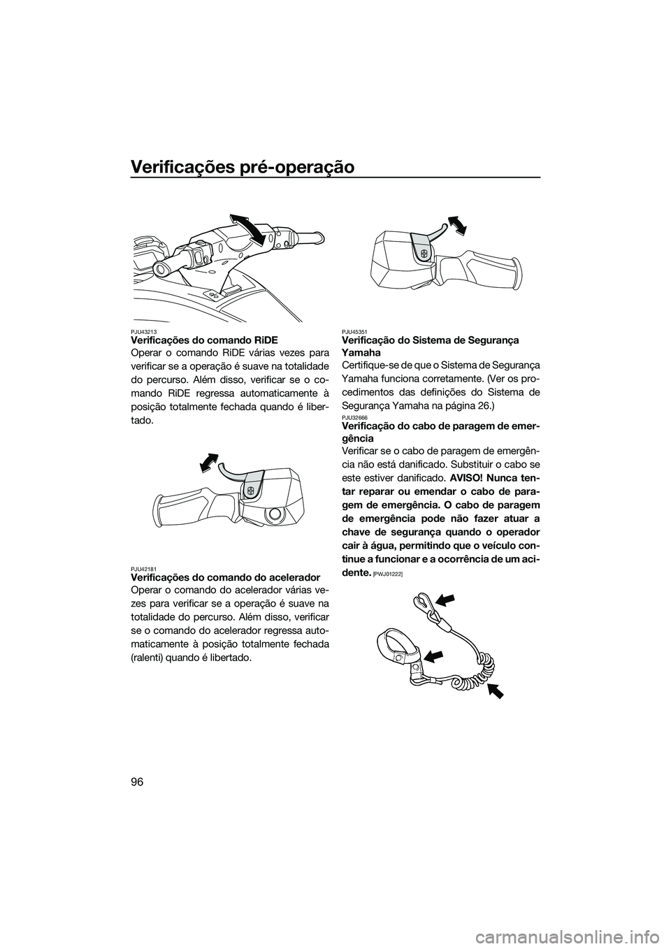 YAMAHA FX HO 2022  Manual de utilização (in Portuguese) Verificações pré-operação
96
PJU43213Verificações do comando RiDE 
Operar o comando RiDE várias vezes para
verificar se a operação é suave na totalidade
do percurso. Além disso, verificar 