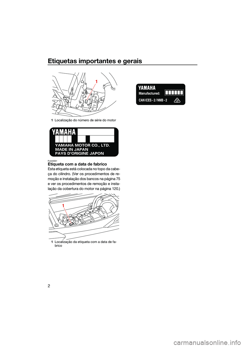 YAMAHA FX HO 2022  Manual de utilização (in Portuguese) Etiquetas importantes e gerais
2
PJU42031Etiqueta com a data de fabrico
Esta etiqueta está colocada no topo da cabe-
ça do cilindro. (Ver os procedimentos de re-
moção e instalação dos bancos na