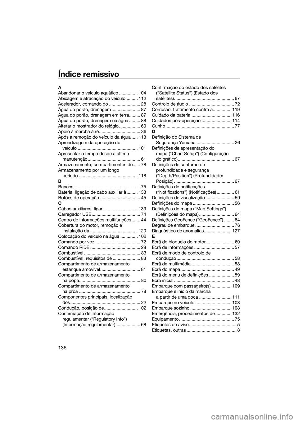 YAMAHA FX HO 2022  Manual de utilização (in Portuguese) 136
Índice remissivo
A
Abandonar o veículo aquático ............... 104
Abicagem e atracação do veículo.......... 112
Acelerador, comando do ......................... 28
Água do porão, drenage