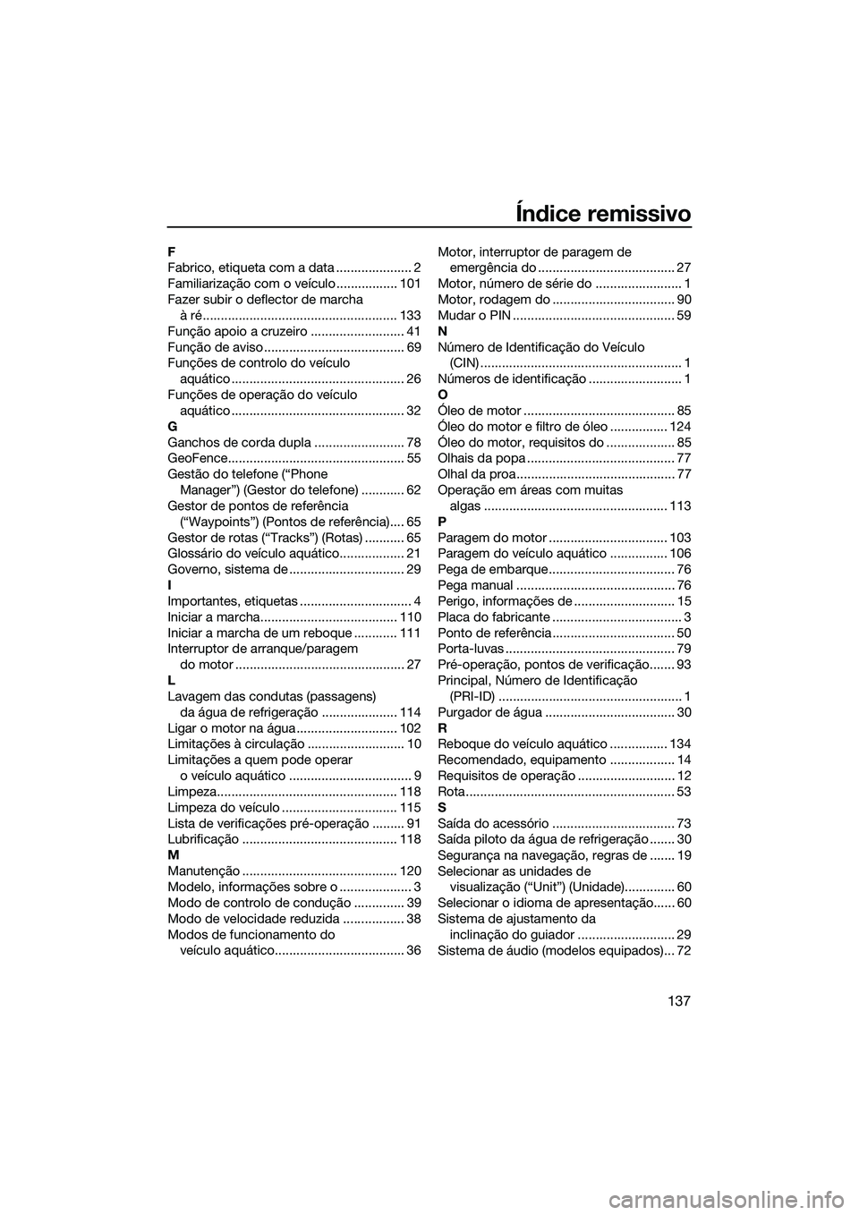 YAMAHA FX HO 2022  Manual de utilização (in Portuguese) Índice remissivo
137
F
Fabrico, etiqueta com a data ..................... 2
Familiarização com o veículo ................. 101
Fazer subir o deflector de marcha à ré.............................