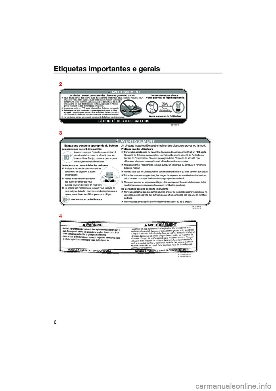 YAMAHA FX HO 2022  Manual de utilização (in Portuguese) Etiquetas importantes e gerais
6
F1S-U415B-11
F1B-U415B-11
2
3
4
F3V-U41B1-20
F3V-U41B1-30
F3V-U41B1-10
UF3V73P0.book  Page 6  Wednesday, September 15, 2021  3:12 PM 