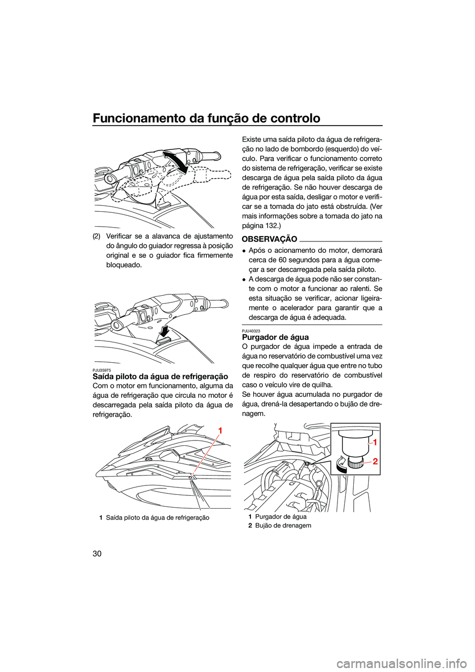 YAMAHA FX HO 2022 Manual de utilização (in Portuguese) Funcionamento da função de controlo
30
(2) Verificar se a alavanca de ajustamentodo ângulo do guiador regressa à posição
original e se o guiador fica firmemente
bloqueado.
PJU35975Saída piloto YAMAHA FX HO 2022 Manual de utilização (in Portuguese) Funcionamento da função de controlo
30
(2) Verificar se a alavanca de ajustamentodo ângulo do guiador regressa à posição
original e se o guiador fica firmemente
bloqueado.
PJU35975Saída piloto