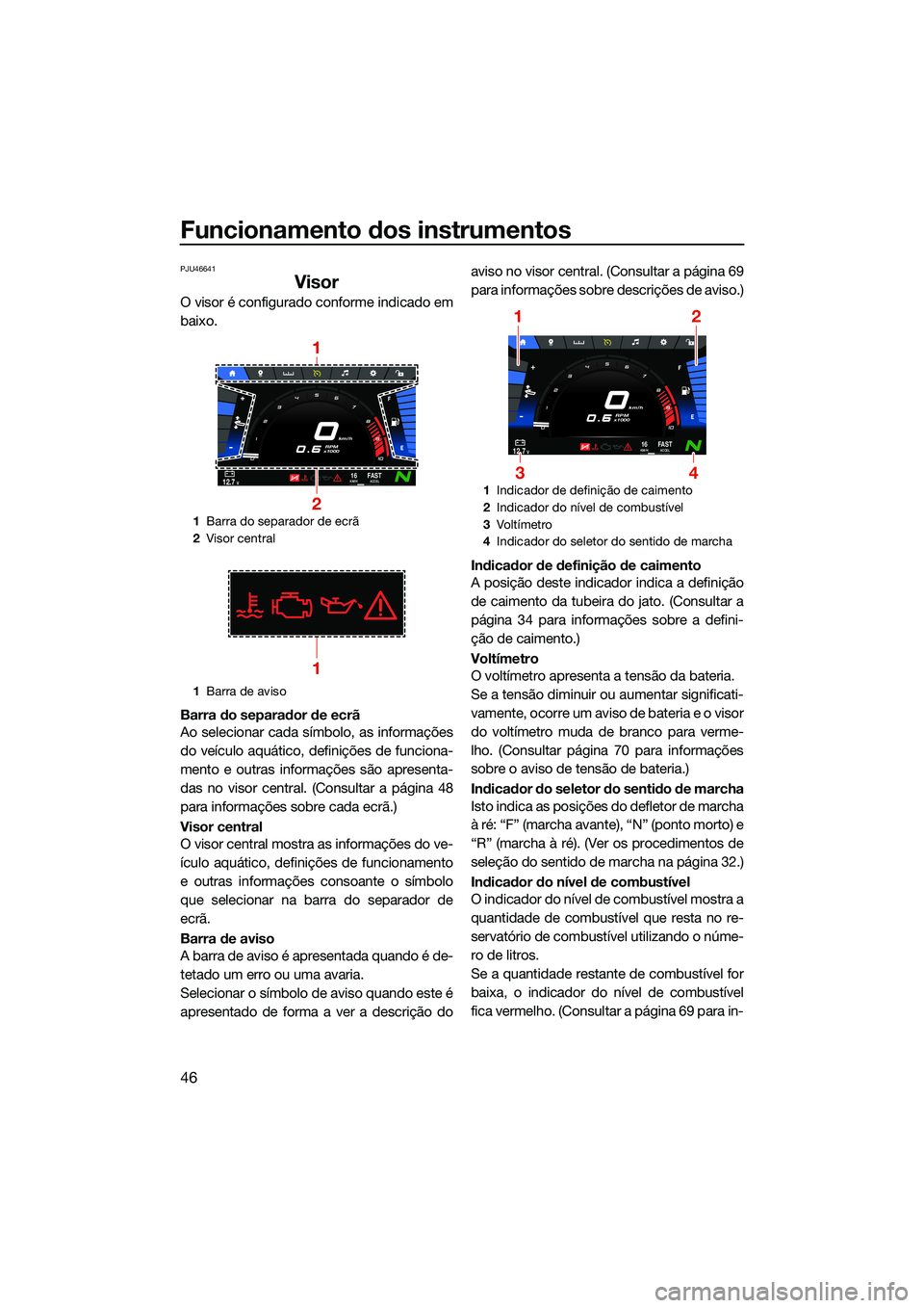 YAMAHA FX HO 2022  Manual de utilização (in Portuguese) Funcionamento dos instrumentos
46
PJU46641
Visor
O visor é configurado conforme indicado em
baixo.
Barra do separador de ecrã
Ao selecionar cada símbolo, as informações
do veículo aquático, def
