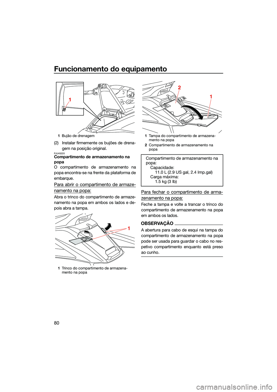 YAMAHA FX HO 2022  Manual de utilização (in Portuguese) Funcionamento do equipamento
80
(2) Instalar firmemente os bujões de drena-gem na posição original.
PJU45220Compartimento de armazenamento na 
popa
O compartimento de armazenamento na
popa encontra