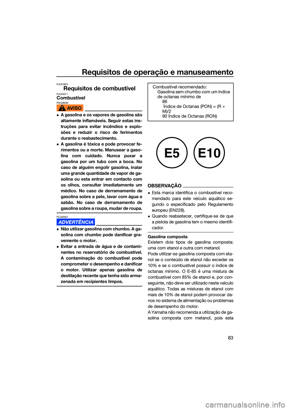 YAMAHA FX HO 2022  Manual de utilização (in Portuguese) Requisitos de operação e manuseamento
83
PJU31823
Requisitos de combustívelPJU45311CombustívelPWJ00283
A gasolina e os vapores de gasolina são
altamente inflamáveis. Seguir estas ins-
truçõ