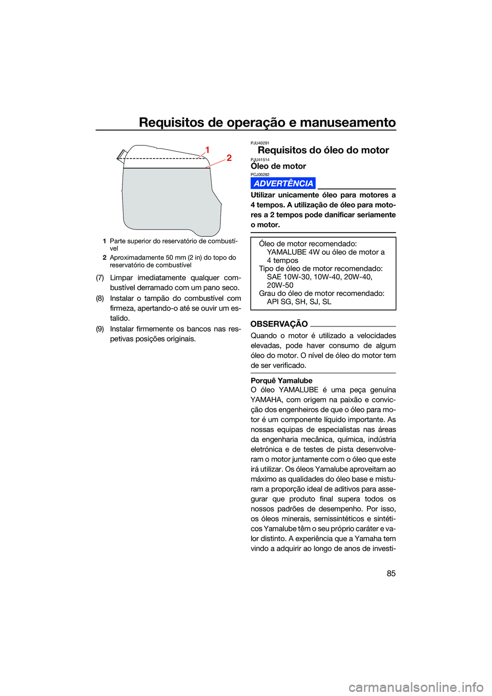 YAMAHA FX HO 2022  Manual de utilização (in Portuguese) Requisitos de operação e manuseamento
85
(7) Limpar imediatamente qualquer com-bustível derramado com um pano seco.
(8) Instalar o tampão do combustível com firmeza, apertando-o até se ouvir um 