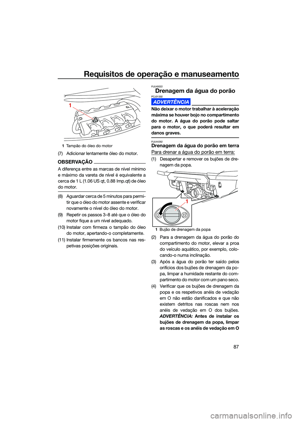 YAMAHA FX HO 2022  Manual de utilização (in Portuguese) Requisitos de operação e manuseamento
87
(7) Adicionar lentamente óleo do motor.
OBSERVAÇÃO
A diferença entre as marcas de nível mínimo
e máximo da vareta de nível é equivalente a
cerca de 