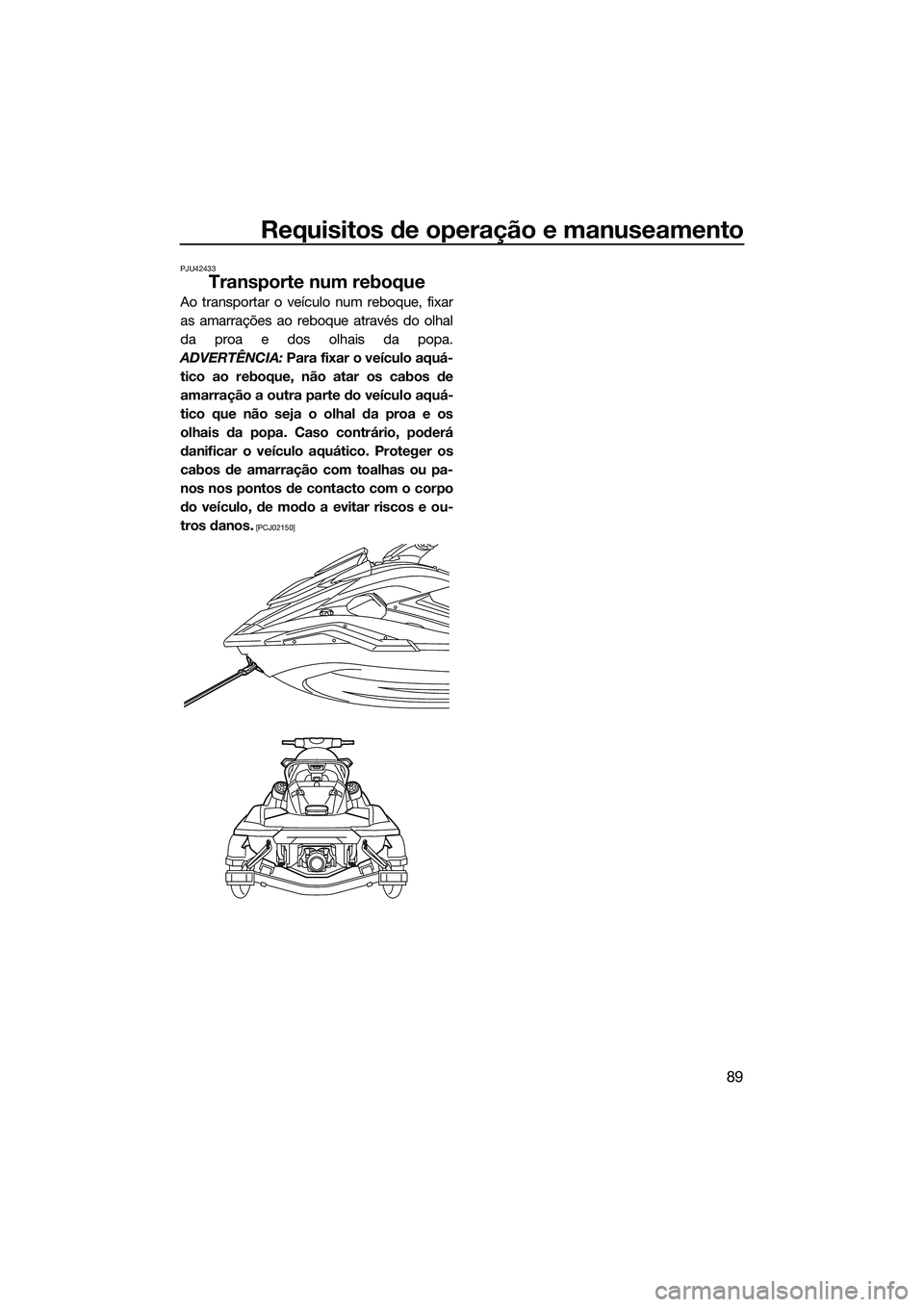YAMAHA FX HO 2022  Manual de utilização (in Portuguese) Requisitos de operação e manuseamento
89
PJU42433
Transporte num reboque
Ao transportar o veículo num reboque, fixar
as amarrações ao reboque através do olhal
da proa e dos olhais da popa.
ADVER