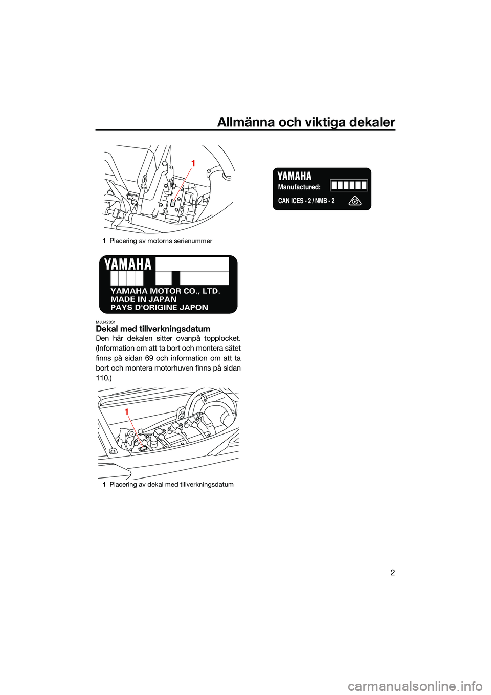 YAMAHA FX HO 2022 Bruksanvisningar (in Swedish) Allmänna och viktiga dekaler
2
MJU42031Dekal med tillverkningsdatum
Den här dekalen sitter ovanpå topplocket.
(Information om att ta bort och montera sätet
finns på sidan 69 och information om at YAMAHA FX HO 2022 Bruksanvisningar (in Swedish) Allmänna och viktiga dekaler
2
MJU42031Dekal med tillverkningsdatum
Den här dekalen sitter ovanpå topplocket.
(Information om att ta bort och montera sätet
finns på sidan 69 och information om at