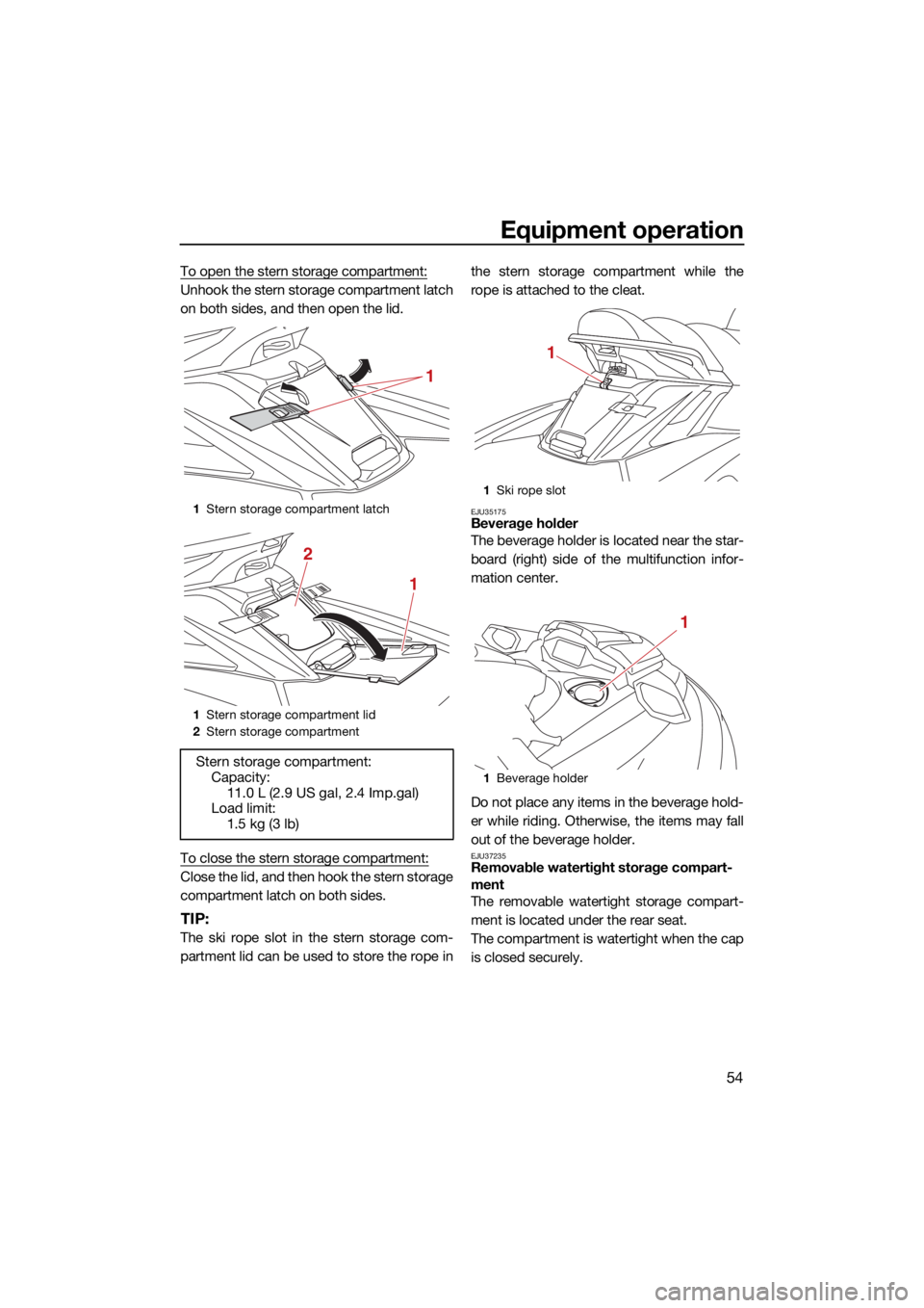 YAMAHA FX HO 2021  Owners Manual Equipment operation
54
To open the stern storage compartment:
Unhook the stern storage compartment latch
on both sides, and then open the lid.
To close the stern storage compartment:
Close the lid, an