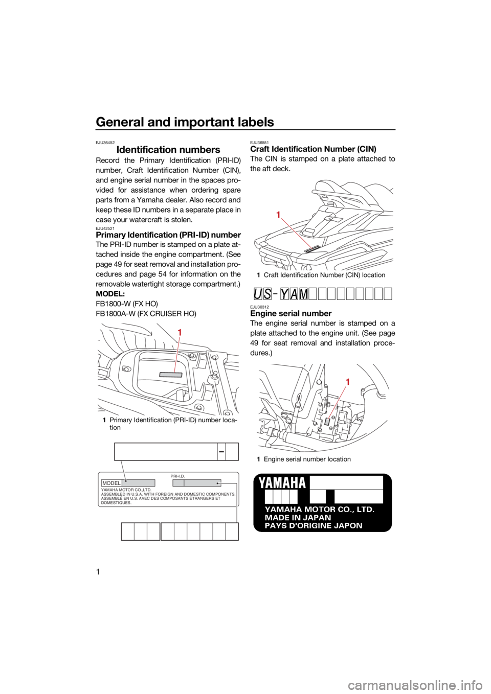 YAMAHA FX HO 2021 Owners Manual General and important labels
1
EJU36452
Identification numbers
Record the Primary Identification (PRI-ID)
number, Craft Identification Number (CIN),
and engine serial number in the spaces pro-
vided f YAMAHA FX HO 2021 Owners Manual General and important labels
1
EJU36452
Identification numbers
Record the Primary Identification (PRI-ID)
number, Craft Identification Number (CIN),
and engine serial number in the spaces pro-
vided f