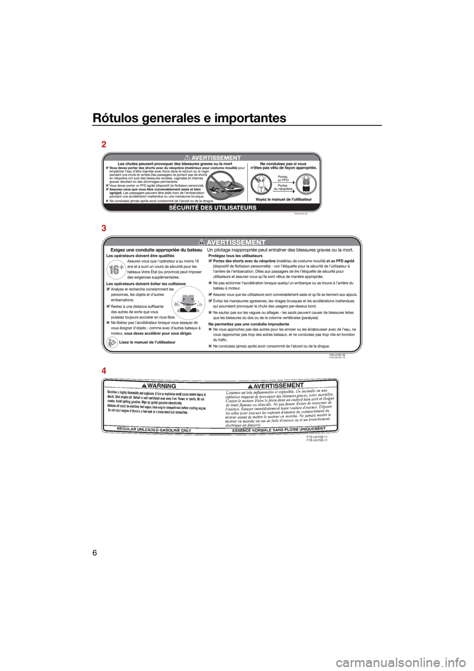 YAMAHA FX HO CRUISER 2021  Manuale de Empleo (in Spanish) Rótulos generales e importantes
6
F1S-U415B-11
F1B-U415B-11
2
3
4
F3V-U41B1-30
F3V-U41B1-10
UF3V72S0.book  Page 6  Tuesday, June 16, 2020  11:25 AM 
