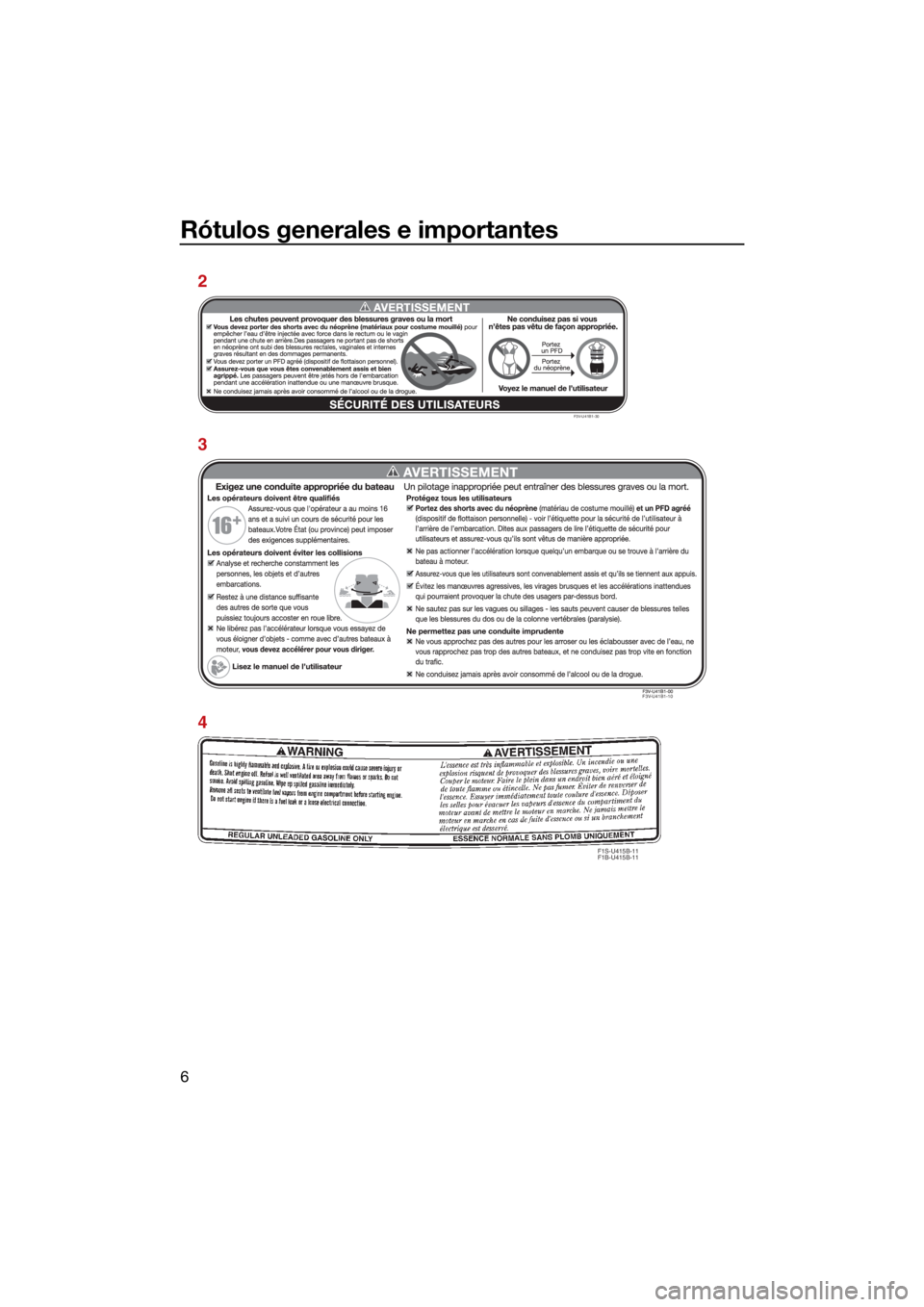 YAMAHA FX HO 2021 Manuale de Empleo (in Spanish) Rótulos generales e importantes
6
F1S-U415B-11
F1B-U415B-11
2
3
4
F3V-U41B1-30
F3V-U41B1-10
UF3V72S0.book Page 6 Tuesday, June 16, 2020 11:25 AM YAMAHA FX HO 2021 Manuale de Empleo (in Spanish) Rótulos generales e importantes
6
F1S-U415B-11
F1B-U415B-11
2
3
4
F3V-U41B1-30
F3V-U41B1-10
UF3V72S0.book Page 6 Tuesday, June 16, 2020 11:25 AM