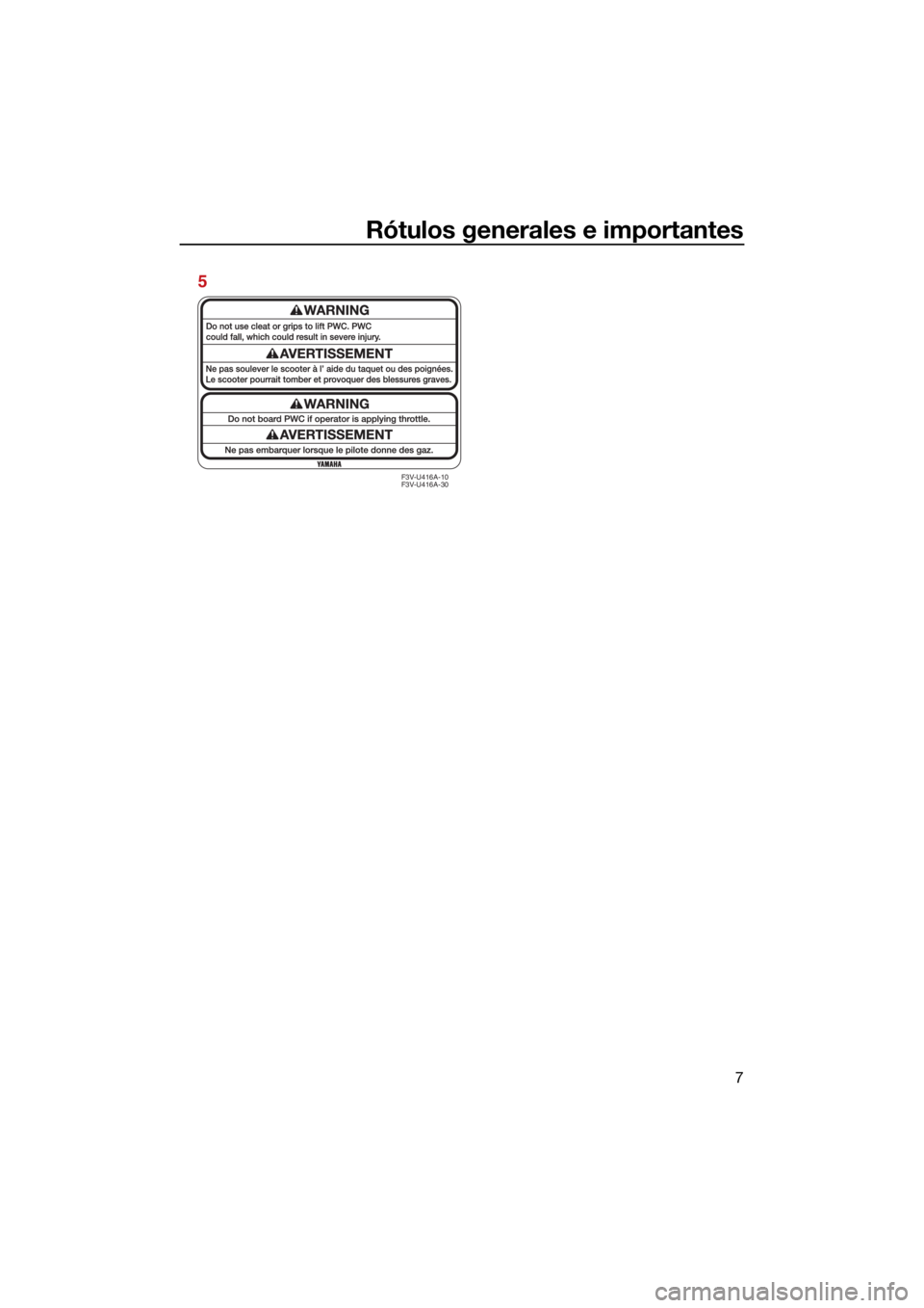 YAMAHA FX HO 2021 Manuale de Empleo (in Spanish) Rótulos generales e importantes
7
5
F3V-U416A-10
F3V-U416A-30
UF3V72S0.book Page 7 Tuesday, June 16, 2020 11:25 AM YAMAHA FX HO 2021 Manuale de Empleo (in Spanish) Rótulos generales e importantes
7
5
F3V-U416A-10
F3V-U416A-30
UF3V72S0.book Page 7 Tuesday, June 16, 2020 11:25 AM