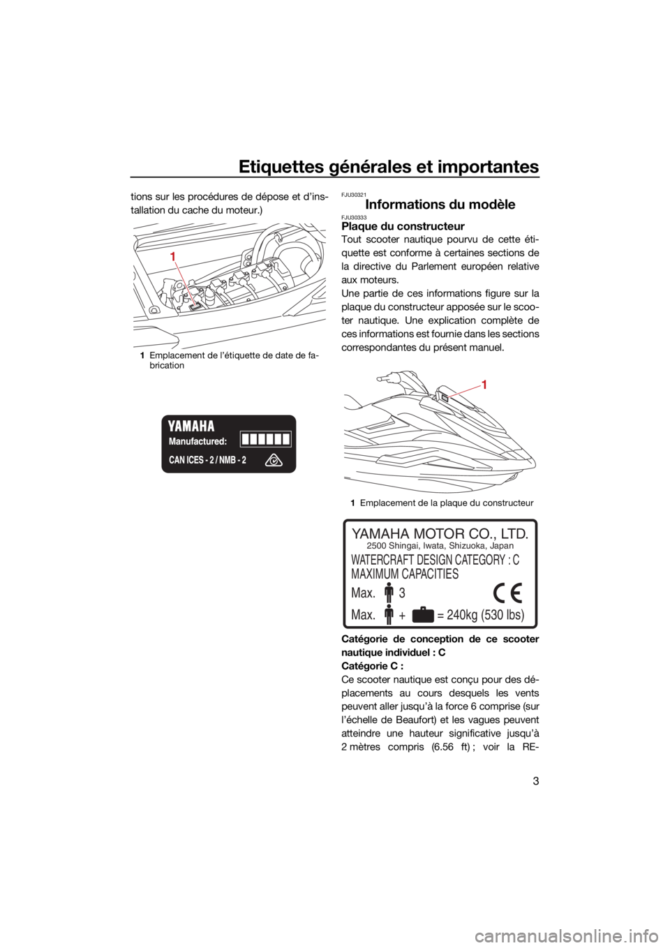YAMAHA FX HO 2021  Notices Demploi (in French) Etiquettes générales et importantes
3
tions sur les procédures de dépose et d’ins-
tallation du cache du moteur.)FJU30321
Informations du modèleFJU30333Plaque du constructeur
Tout scooter nauti
